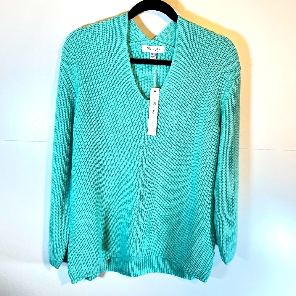 New! She + Sky Mint Jade V-Neck Sweater